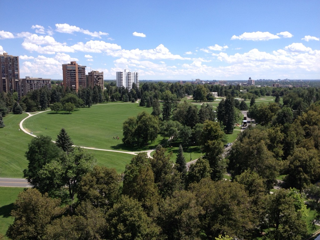 Cheesman Park and the Denver skyline seen from above