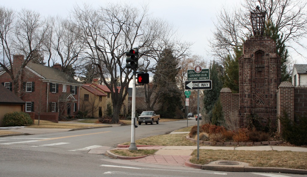 Brick gate pillars at an entrance to Denver’s Country Club Historic District