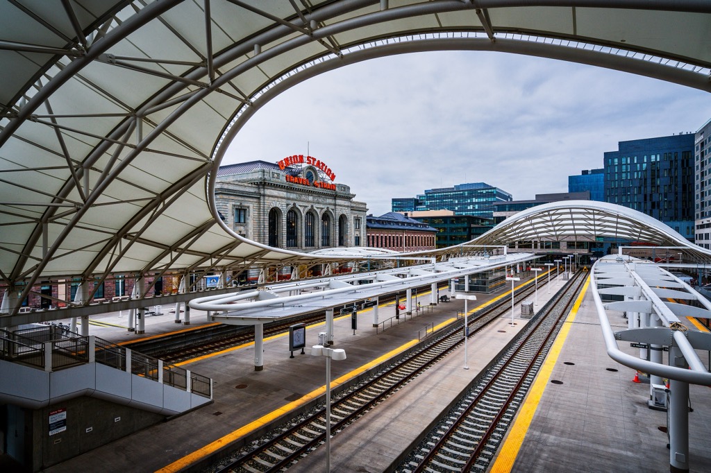 Denver Union Station framed by the train hall canopy