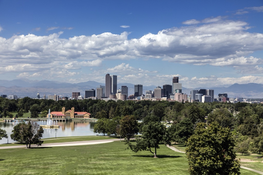 Downtown Denver across Ferril Lake in City Park