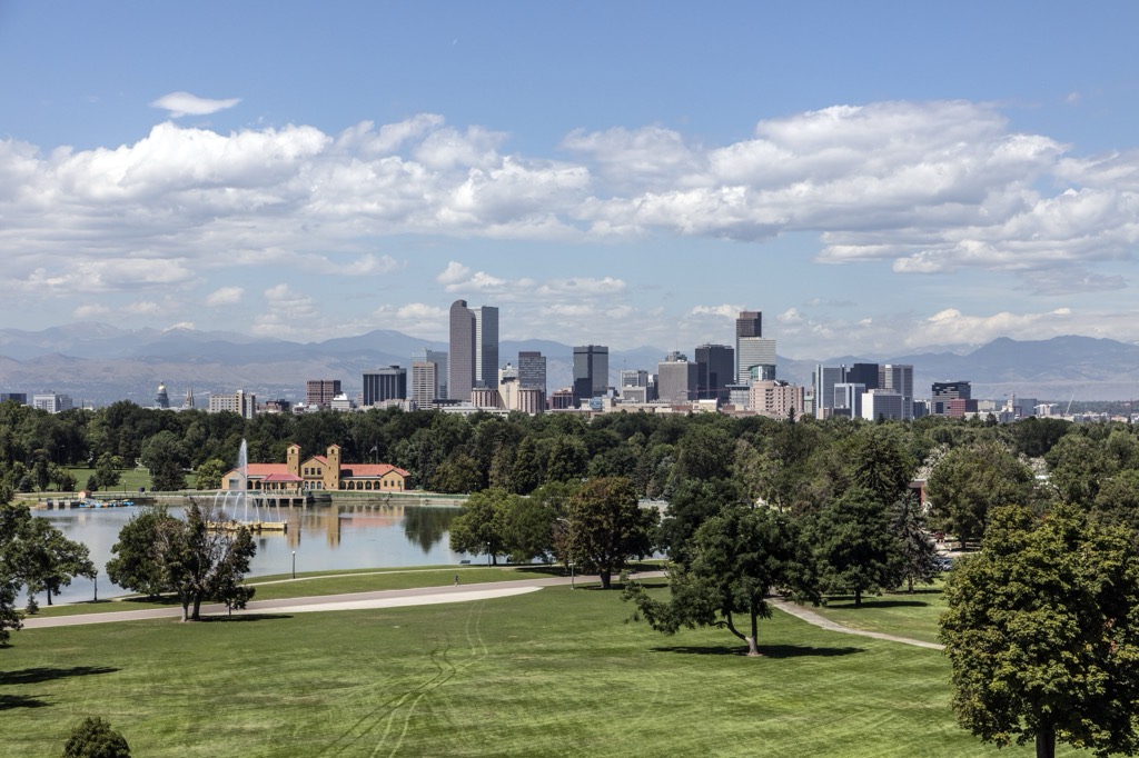 Downtown Denver and the Rocky Mountains seen across City Park
