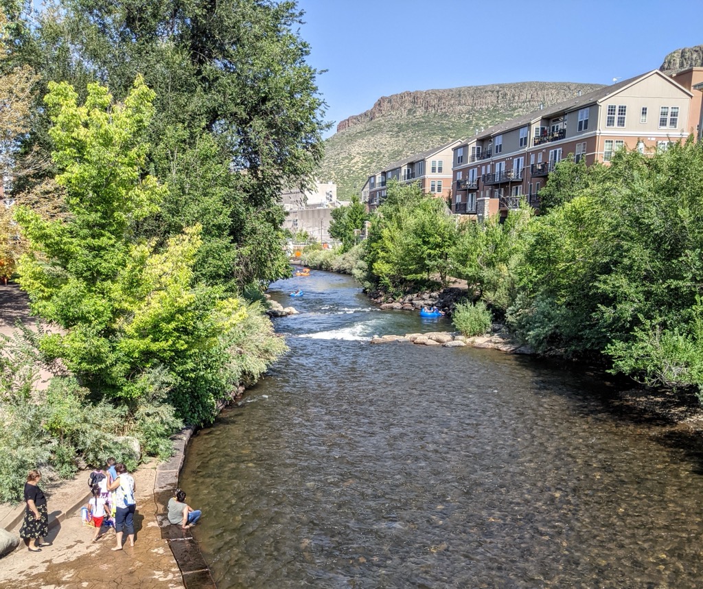 Clear Creek running through downtown Golden with South Table Mountain behind